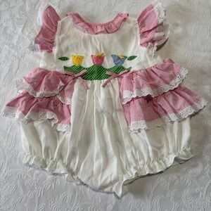 Vintage Baby Girls Embroidered Flowers Pink Plaid Gingham Bubble Romper Jumpsuit